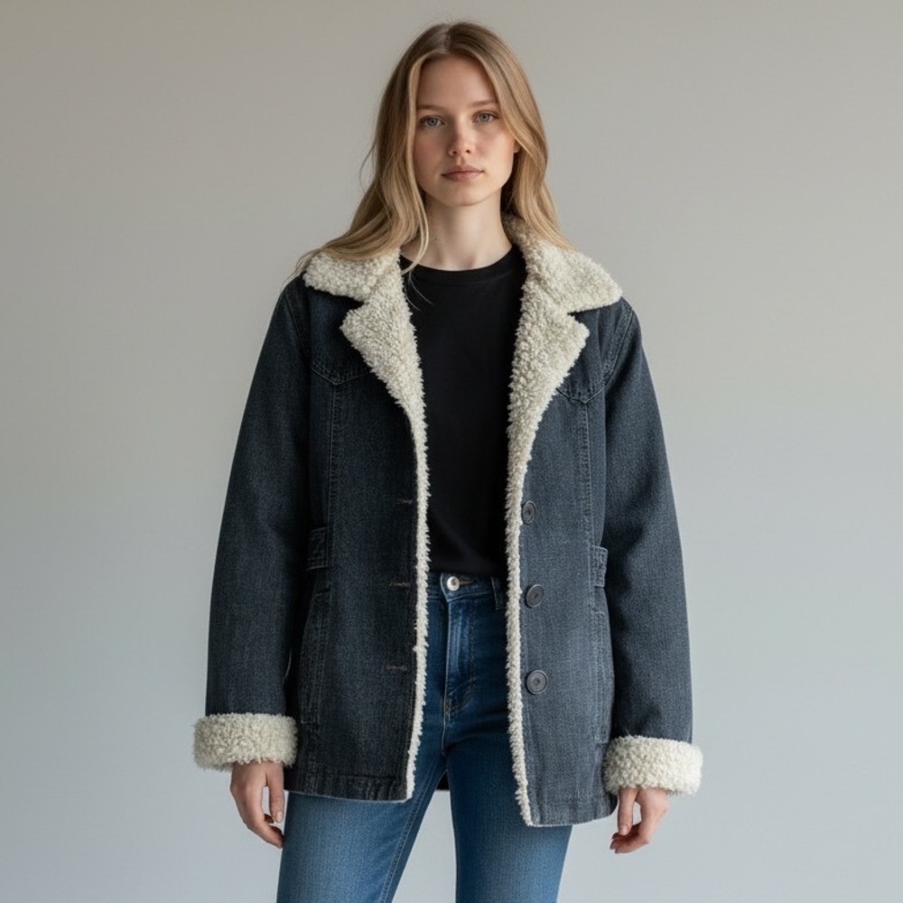 Mudd Jeans Vintage Denim Sherpa Trim Jacket Dark Wash Penny Lane  M